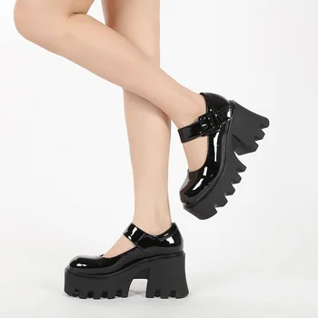 Дамски обувки Mary Jane на висок ток 2023 г., Нова кожа обувки с квадратни пръсти, тънки дамски обувки с дебел ток D-99