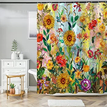 Завеса за баня с водоустойчива цветна креативен дизайн, реколта цвете завеса за душ с куки