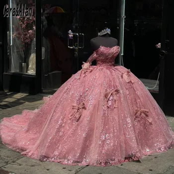 Луксозно Мексиканското Празнична рокля за момичета на 15, Дантелено Пищни рокля 2023, без презрамки, с Лък, с блясък, Сладки 16 Рокли