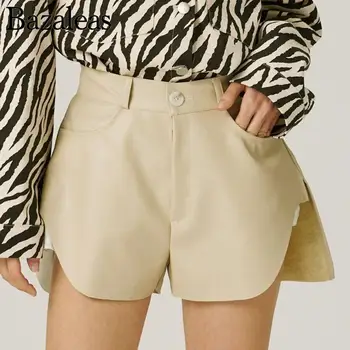 2023 bazaleas store Y2K дамски Летни Къси Панталони с подолом Черен цвят, къси Панталони от изкуствена кожа цвят каки на талията