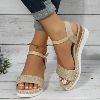 Обувки на платформа, сандали на токчета, наклон от пеньковой въже със сандали леки однолинейные сандали с катарама в голям размер за жените през лятото