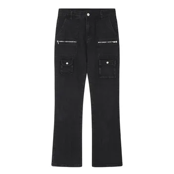 Мъжки панталони от стираного деним в стил пънк Y2K, модни прави дънки с висока цип отзад, с много по-големи режийни джобове, дънкови панталони, Унисекс
