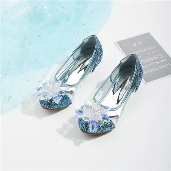обувки за момичета Кожени обувки на принцесата за момичета, пролетните нови детски сандали на висок ток с декорация във формата на кристали, детски маратонки за изпълнения