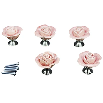 5 x Розовата Врата Мебели, Керамични дръжка, Антикварни Винтове с бутони, Елегантен дизайн във формата на рози