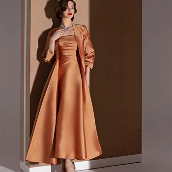 Елегантна къса рокля за абитуриентски бал от orange тафта с миризмата, Трапециевидное вечерна рокля без презрамки, дължина до щиколоток за жени