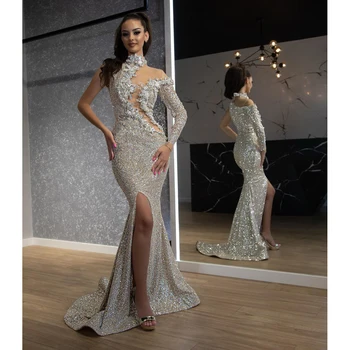 Блестяща вечерна рокля с цепка, Дълъг ръкав, дължина до пода, Елегантен празничен костюм с висока воротом, Vestido Feminino Феста Luxo
