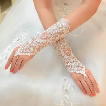 1 чифт бели/червени/бежово сватбени ръкавици, Елегантна кратък абзац, Бяла лейси ръкавица с пайети, красиви сватбени аксесоари