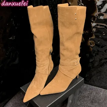 danxuefei/дамски есенни елегантни дамски ботуши до коляното от естествен велур на тънък висок ток с страничния цип, обувки за жени, дълги ботуши