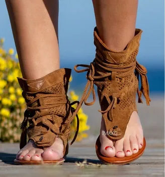 Дамски ретро сандали-гладиатори, Реколта обувки с заколкой на чорап, Ежедневни Римска модни летни дамски обувки с пискюли, Дамски Сандали