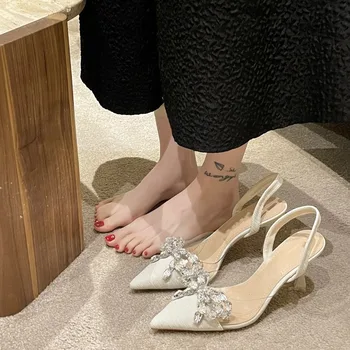 BCEBYL/Новост; Модни дамски обувки на висок ток с остър пръсти, украсени с лък от планински кристал; Елегантна банкетная парти;