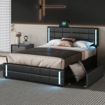 Живеейки платформа-легло с led осветление и USB зареждане, легло за съхранение с 4 чекмеджета, черен