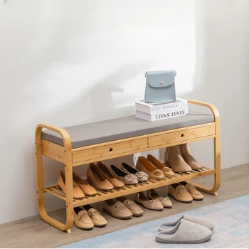 Шкаф за обувки на Верандата в Скандинавски Стил, Рафт за обувки от естествен бамбук, богат на функции пейка в коридора, Удобни мебели с чекмеджета за дома
