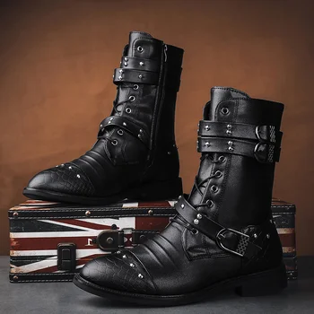 Нова Тенденция, черни Мотоциклетни ботуши с нитове и остри пръсти, Удобни Мъжки Кожени Високи обувки, Мъжки топли зимни обувки с плюшем, Botas de hombre