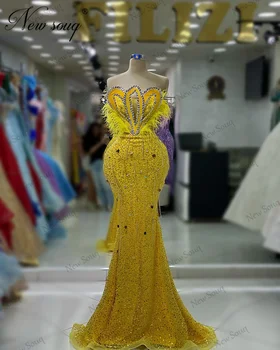 Елегантна Жълта рокля за бала, бродирани с мъниста, Изработени по поръчка, Кристали, Пера, Вечерна рокля 2023, Арабски Дубай, Дълги Рокли за сватбени партита, Халати