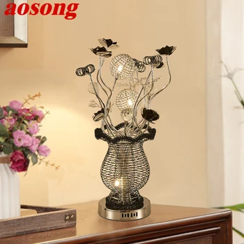 Настолна лампа AOSONG Modern с ваза, Модни Художествена настолна лампа черен цвят за всекидневна, спалня, хотела, Декоративна настолна лампа от алуминиева тел