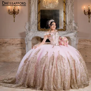 Лъскави Розови Буйни рокли 2023 с открити рамене, Дантелено рокля с пайети, Празнична рокля Sweet 15, Бална рокля