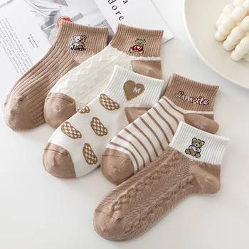 5 двойки/компл. Чорапи, Къси памучни чорапи с мечка, Ежедневни Чорапи Дишащи, Ретро Елегантни Японски Чорапи с ниска Шнорхел, Чорапи носочные аксесоари