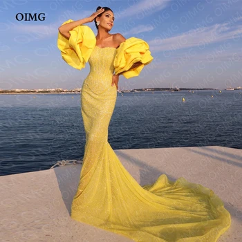 OIMG Кралски Жълти Дълги Блестящи Саудитски Арабски Вечерни рокли на Русалка с Къси ръкави, блестящи мъниста с пайети, вечерни рокли за бала