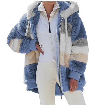 Есенно-зимно дамско свободно палто с качулка и топло плюшено джоб с цип