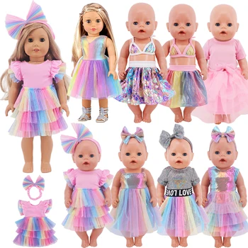 Кукла, Цветна рокля + Превръзка на главата си, Пола, Боди, Подходящ за 18-инчовата момичета, Американската Кукла 43 см, Аксесоари за дрехи За новородени, Детска играчка подарък