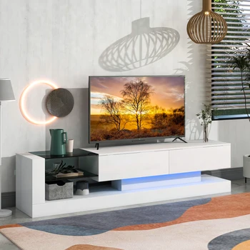 Поставка за телевизор с двете кутии за съхранение на мултимедия Модерен развлекателен център висока капацитет за 75-инчов телевизор, 16-цветен RGB LED