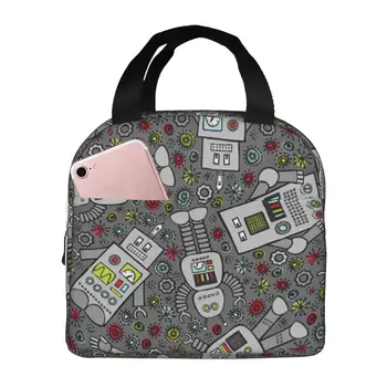 Чанта за обяд в стил Ретро-робот, изолирани многофункционални чанти-тоут за обяд, Множество термосумка-хладилник