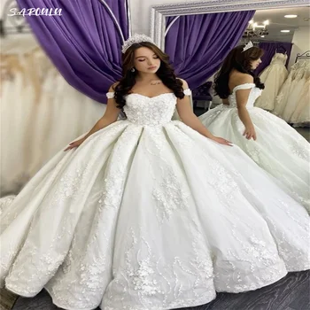 Луксозна Сватбена рокля с кръгло деколте и открити рамене, Романтична Дантелено Сватбена рокля с дължина до пода, в Елегантна Vestidos De Новия