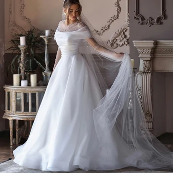 Шаферски рокли SONDR с кръгла воротом и отворен гръб, сшитое за поръчка, С дълги ръкави, Трапециевидное сватбена рокля с перли, Вечерна рокля Robe De Mariée за младоженци