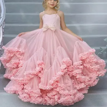 Розова рокля с цветя модел за момичета, Сватбена Многослойно Рокля с лък Височина до земята Рокля за Конкурс за красота за деца, Тюлевое рокля за Първо Причастие, расшитое мъниста