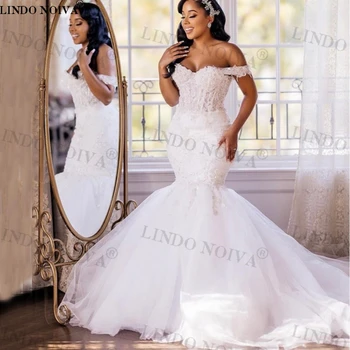LINDO NOIVA Елегантни Дантелени апликации с открити рамене, Сватбени рокли на Русалка за булката 2023, Сватбени рокли с шнур, бродирани с мъниста, Сватбени рокли