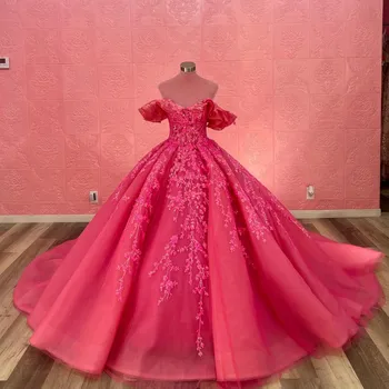 Розово-Червени Буйни Рокля с открити рамене 2023, Блестящо Дантелено Бална рокля в Палто, на Сладък Рокля на Принцеса 16, Празнична Рокля 15 Anos