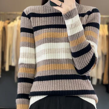 Есенно-зимния Женски Нов Висококачествен Пуловер от 100% вълна, Всекидневни вязаный Дишаща обикновен пуловер с висока яка
