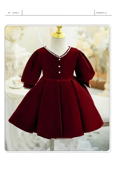 Червена рокля с цветя модел за Момичета за Рожден Ден, Бална рокля с дълги ръкави и Перли с Дължина до коляното, Детско Принцеса рокля на Първата Годишнина