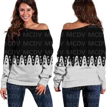 Жена пуловер с открити рамене, Женски случайни пуловер с дълги ръкави и 3D принтом 