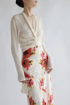 Луксозна натурална бяла риза от коприна тутового на цвят, с дълги ръкави, защищающая от слънцето, кратък топ