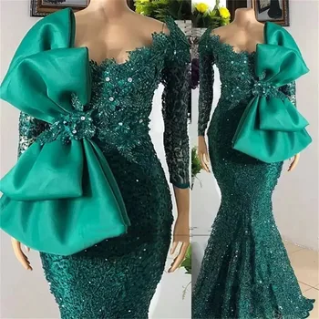 Дизайнерски вечерни рокли Хънтър Green, бродирани с мъниста, Африкански арабски Aso Ebi, рокли за абитуриентски бал, завързана дреха с дълги ръкави и лък, Халат за баня Русалка