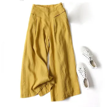 2023 Пролетно-летни Дамски памучни Широки ленени панталони, Свободни еластични Тънки Дамски панталони-поли с висока талия, Капри, разкроена панталони