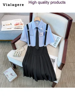 Лято 2023, Униформи Jk в елегантен стил, две женски ризи с отложным яка, Топ + плиссированная пола Kawaii, Комплект от 2 теми