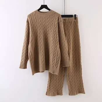 Мързелив топъл пуловер, висококачествен вязаный пуловер, костюм, Женски есенно-зимния мек восък пуловер с широки штанинами, Модерен комплект от две части