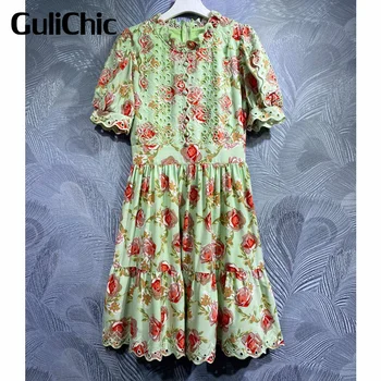 7,1 GuliChic Висококачествено Сладко Модно рокля с флорални принтом, бродерия, копчета, с висока талия, с къс ръкав, женствена рокля