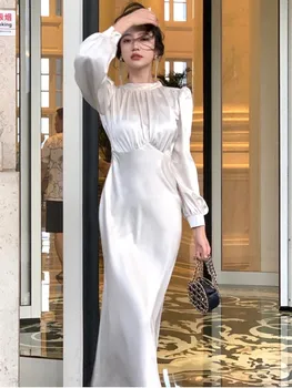 Френското Жена в Елегантна вечерна рокля с петна 2023, Есенен Дамски нови дрехи за бала с ръкав-фенерче, Дамска Мода, монофонични Vestidos Robe