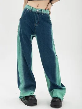 ADAgirl Сини Градиентные широки панталони в Контрастен цвят, прави Дънки Y2k с висока талия, Реколта градинска дрехи, Широки дънки за жени, Новост