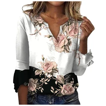 Дамски Летни блузи 2023, Елегантни Ежедневни Блузи с ръкави 3/4, Работни ризи с цветен модел