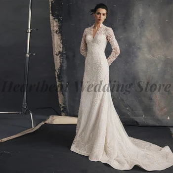 Сватбена рокля с дълъг ръкав и V-образно деколте 2023 за жени с цип отзад, апликация във формата на пера, пайетки, изискана рокля-русалка Mariee De