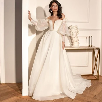 Сватбена рокля 2023, Бяло, с V-образно деколте, С пищни ръкави, Тюлевая Илюзия, Булчинска рокля с отворен гръб, Vestidos De Новия, по поръчка