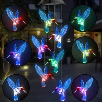 Слънчевата светлина за декорация на градината LED цветни Вятърна камбаната на слънчева енергия, кристален пеперуда Колибри, водоустойчив уличен вятърен звънец