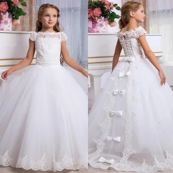 Бели тюлевые рокля с цветя модел за момичета на сватба, Малка булка, принцеса, Детско елегантна бална рокля за Първо причастие