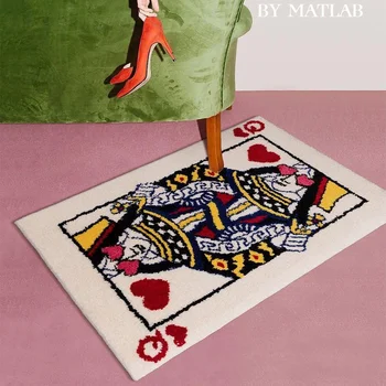Креативен Килим Poker Red Hearts С Кралицата и Краля, Правоъгълна Подложка За Баня, Спални, Пухкав килим за пода в хола, Мека подложка