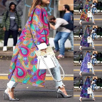 Есенно-зимно модно нова вълна палто 2023 г., двубортное палто с принтом за жени, ветровка с дълги ръкави и цветя кашу
