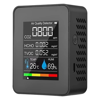 5 В 1 Монитор на качеството на въздуха TVOC HCHO Измерване на температура и влажност, CO2, USB Акумулаторна детектор на CO2